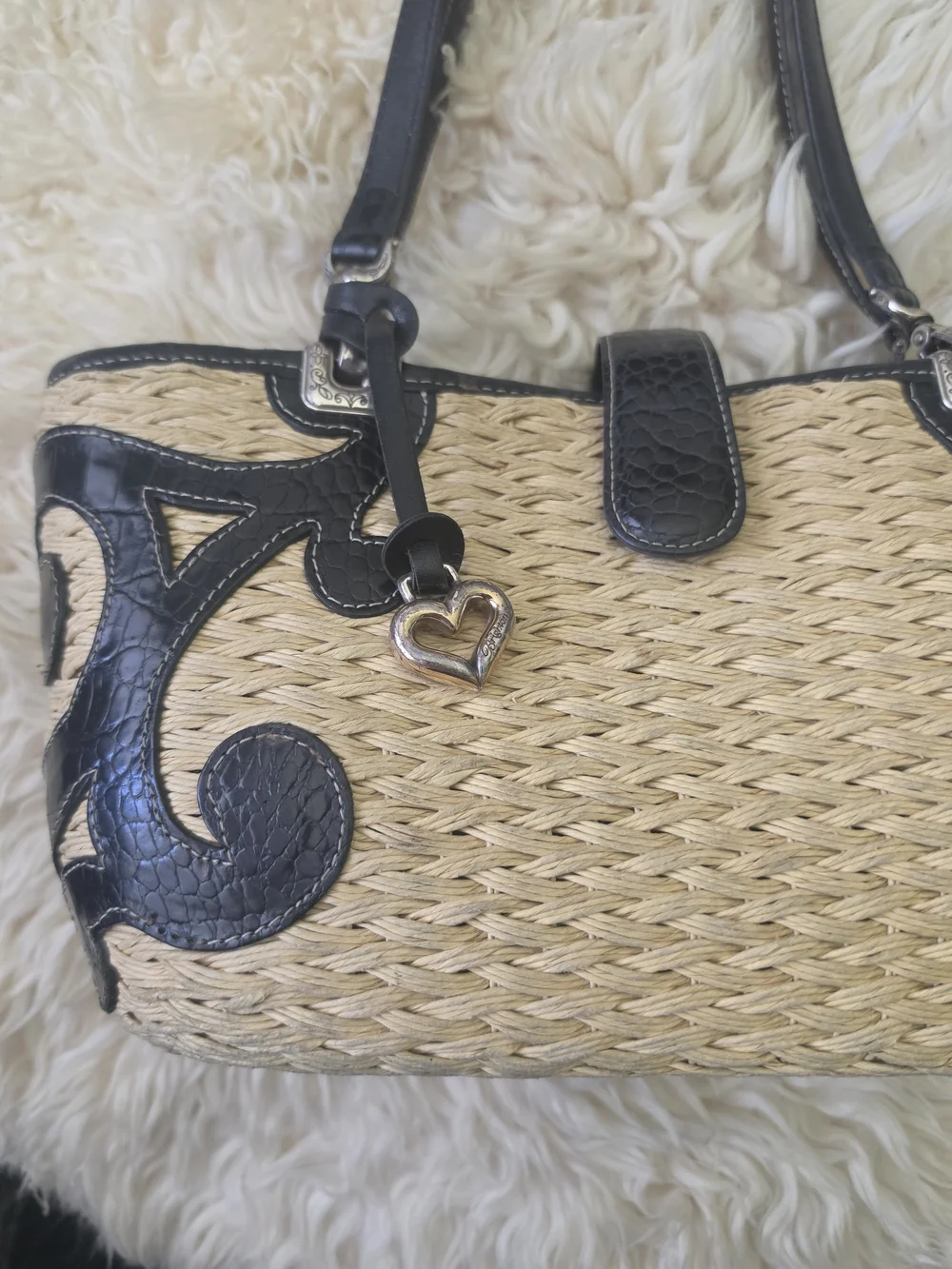 Brighton Straw Shoulder Bag with Black Trim and Heart Charm